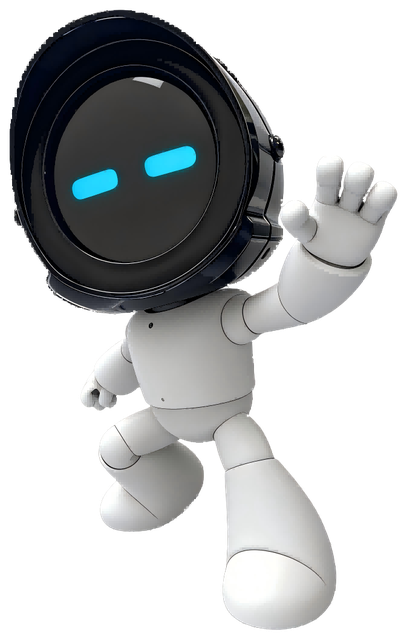 AI Zhuge companion robot: a white robot with a dark visor face and glowing blue eyes, waving.