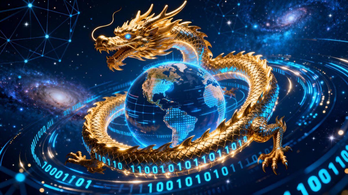 Key visual for the domain reasoning models: a golden dragon coiled around a glowing digital globe in space.