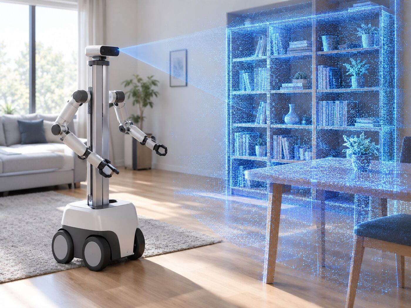 A dual-arm mobile robot in a living room scans a bookshelf and table with its head camera; the furniture appears as a glowing blue 3D point-cloud reconstruction.